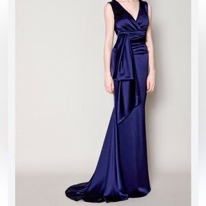 Talbot Runhof Bosworth Royal Midnight Navy Wrap Effect Maxi Gown with Sash